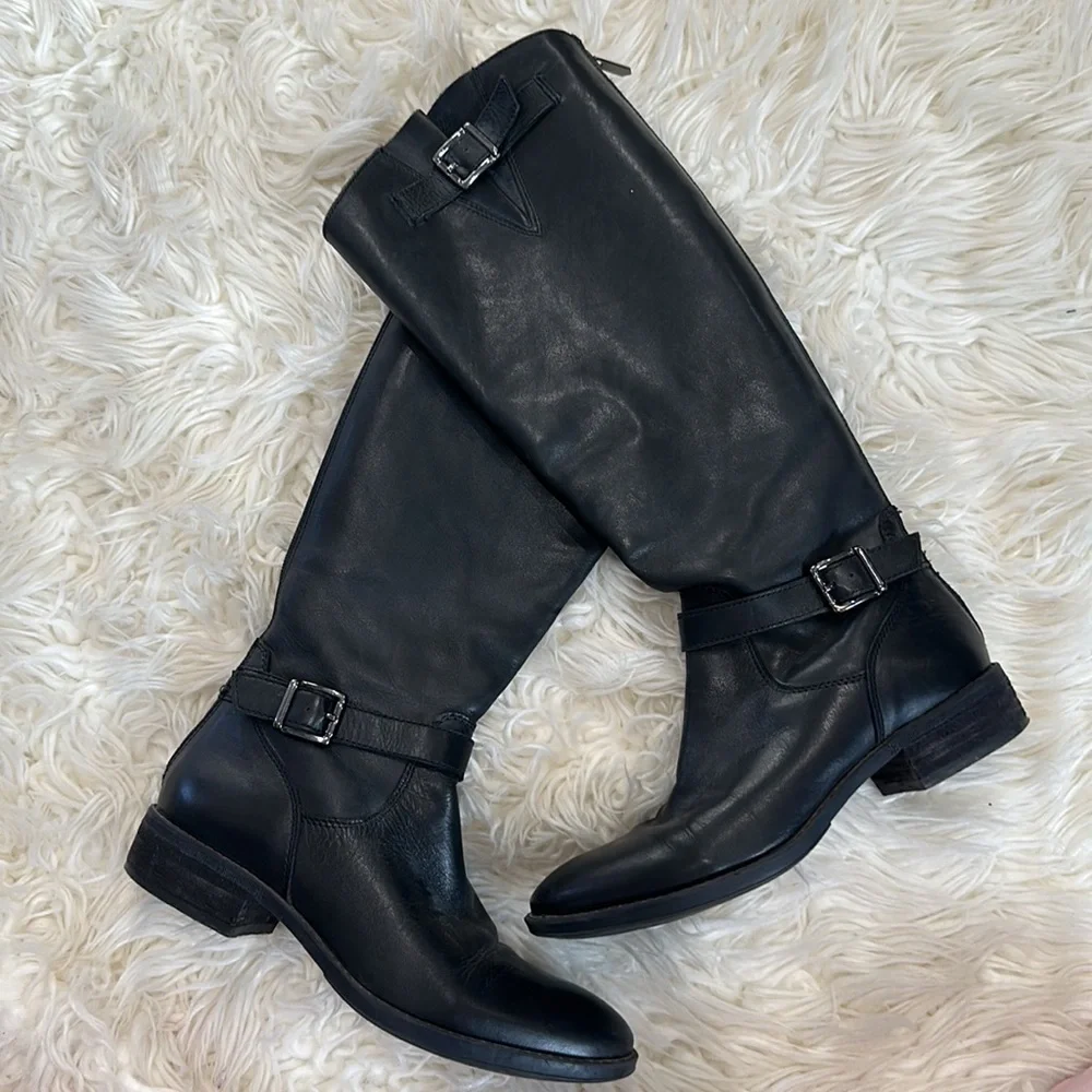 Sam Edelman Painter Tall Riding Boot Leather Distress Brown Back Zip Round 6.5M - Picture 1 of 11